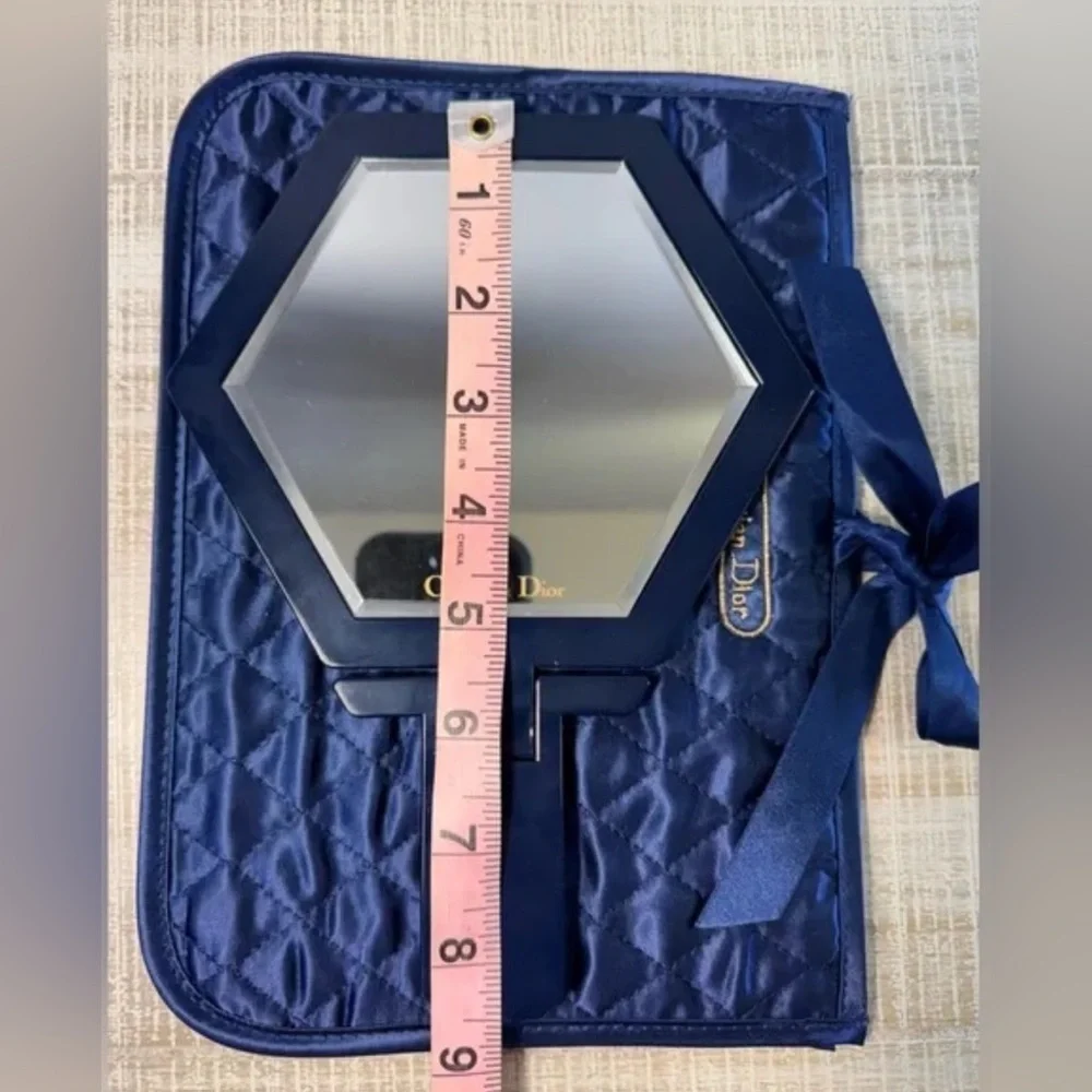 Christian Dior Quilted Makeup Pouch & Mirror Set in Navy Blue AUTHENTIC Like New